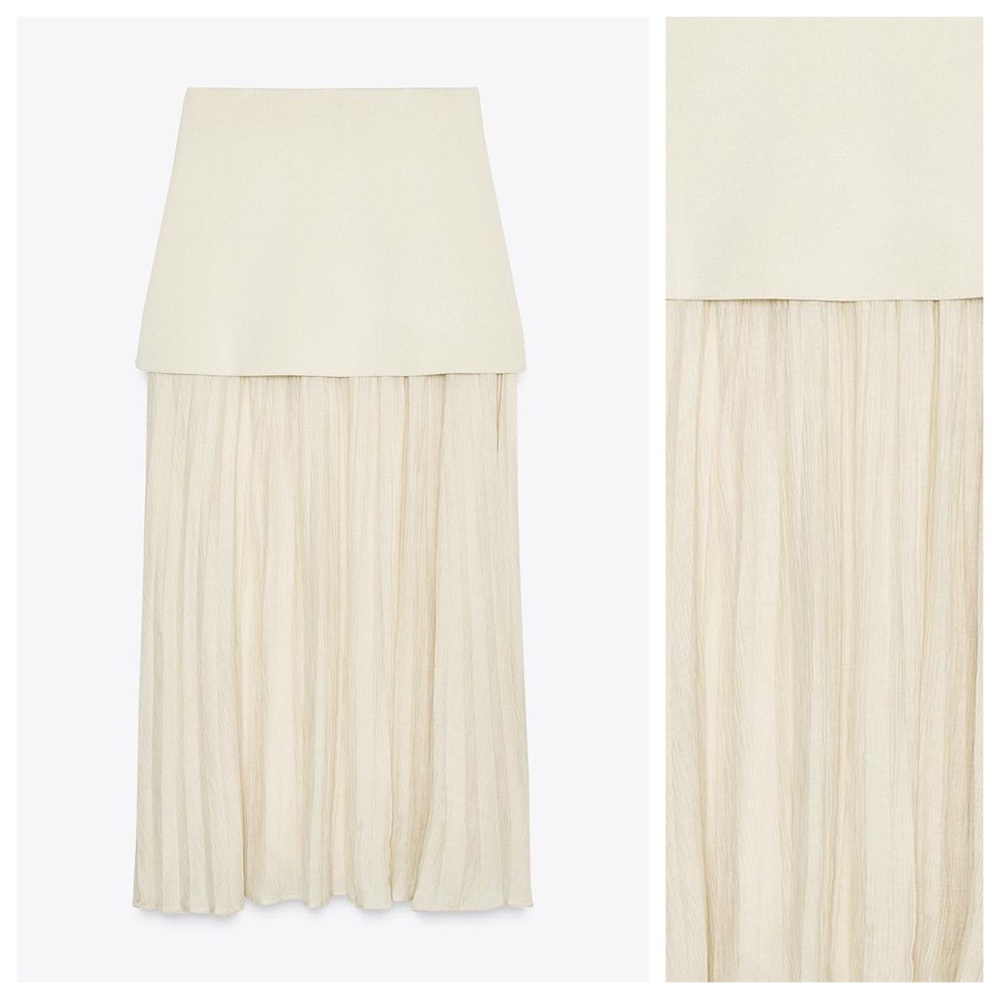 NWT. Zara Mid-Ecru Pleated Semi-Sheer Midi Skirt. Size L. - Picture 4 of 9
